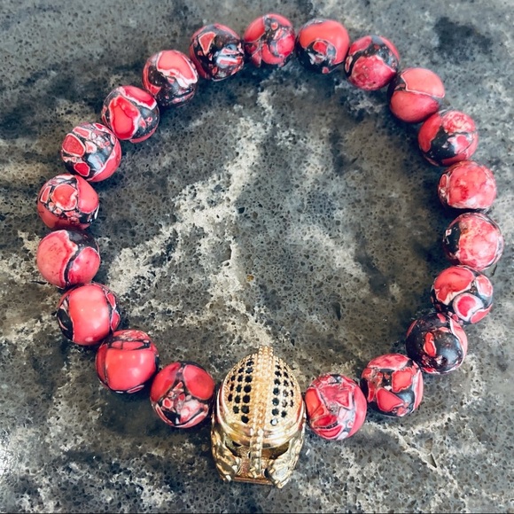 HAND CRAFTED Gladiator & Imperial Jasper Stretch Bracelet 6.5” Red Gold NWT - Picture 15 of 15